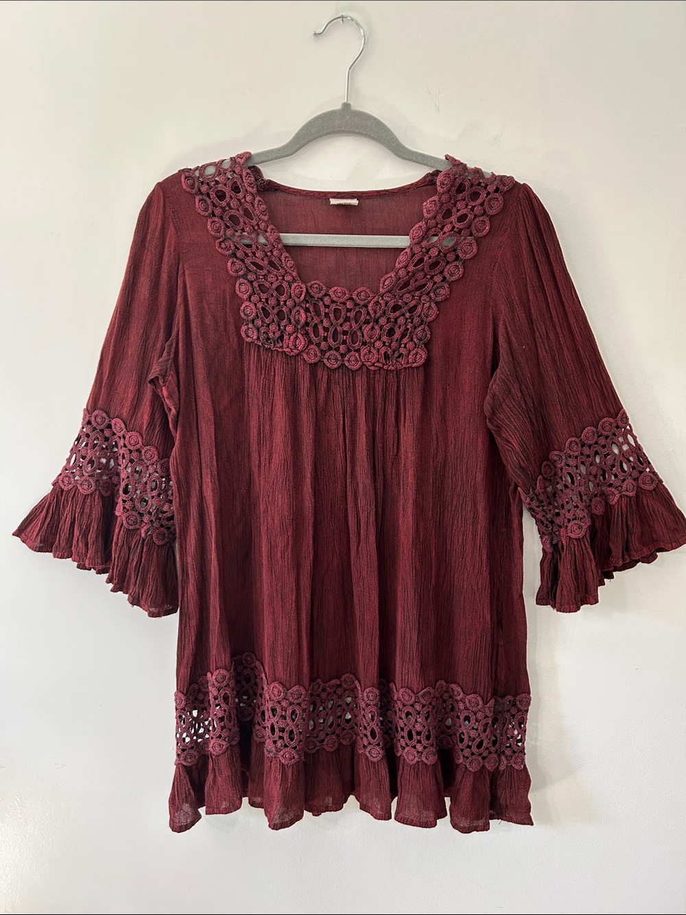 Vintage Peasant Crocheted Trim Tunic Blouse Size L/XL Hippie Bohemian Festival